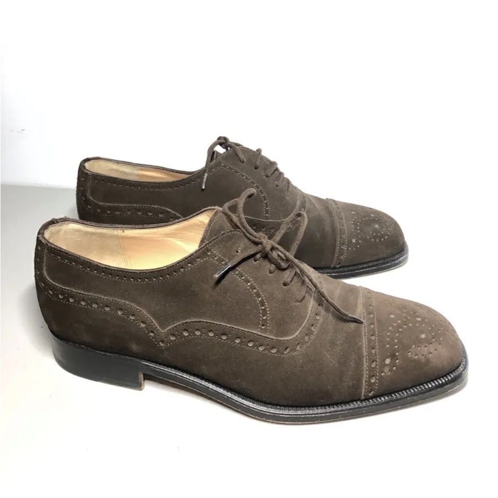 Manolo Blahnik Brown Suede Leather Cap Toe Oxfords Lace Up Dress Shoes Men Sz 7M
